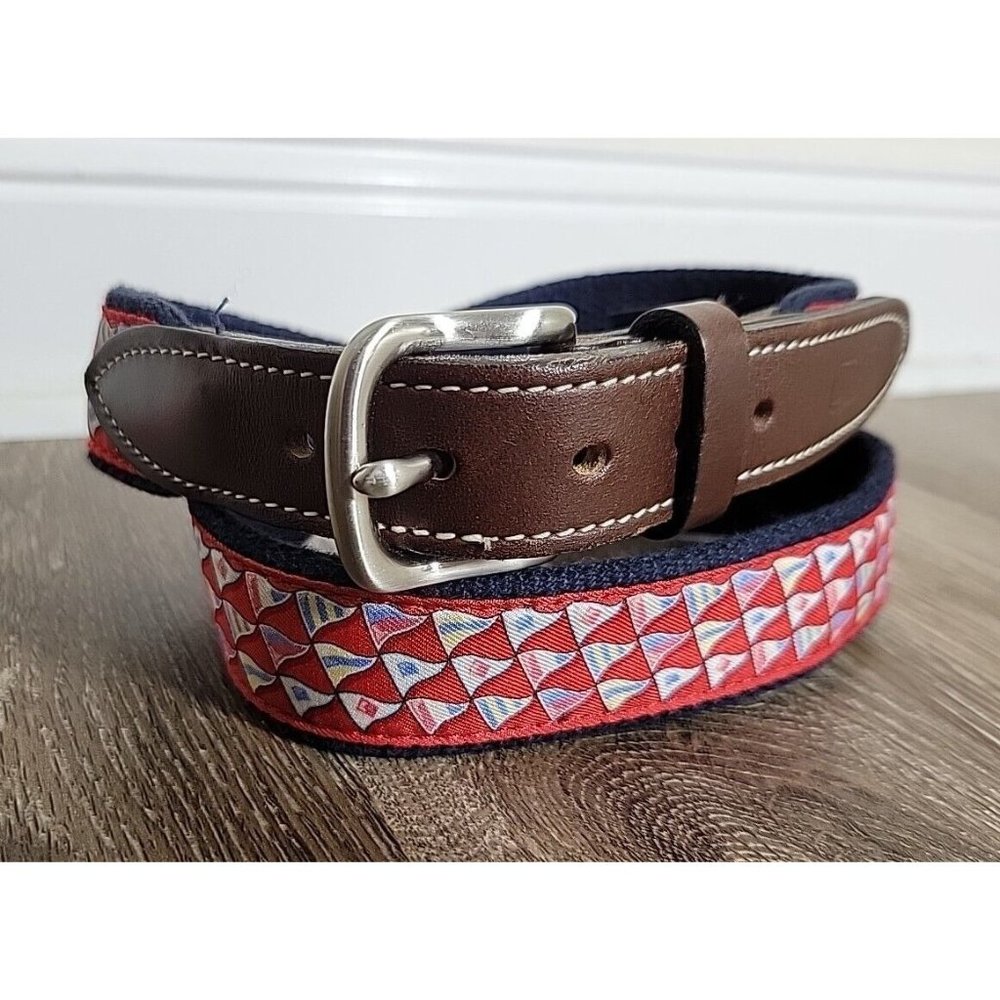 Vineyard Vines Mens 30 Surcingle Belt Leather And Fabric Maritime Nautical Flags